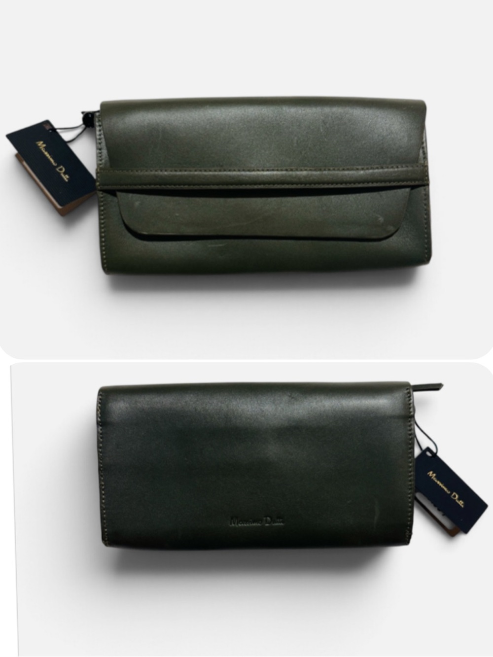 Massimo Dutti Olive Lambskin Leather Foldover Flap Clutch/Wallet NWT $100
